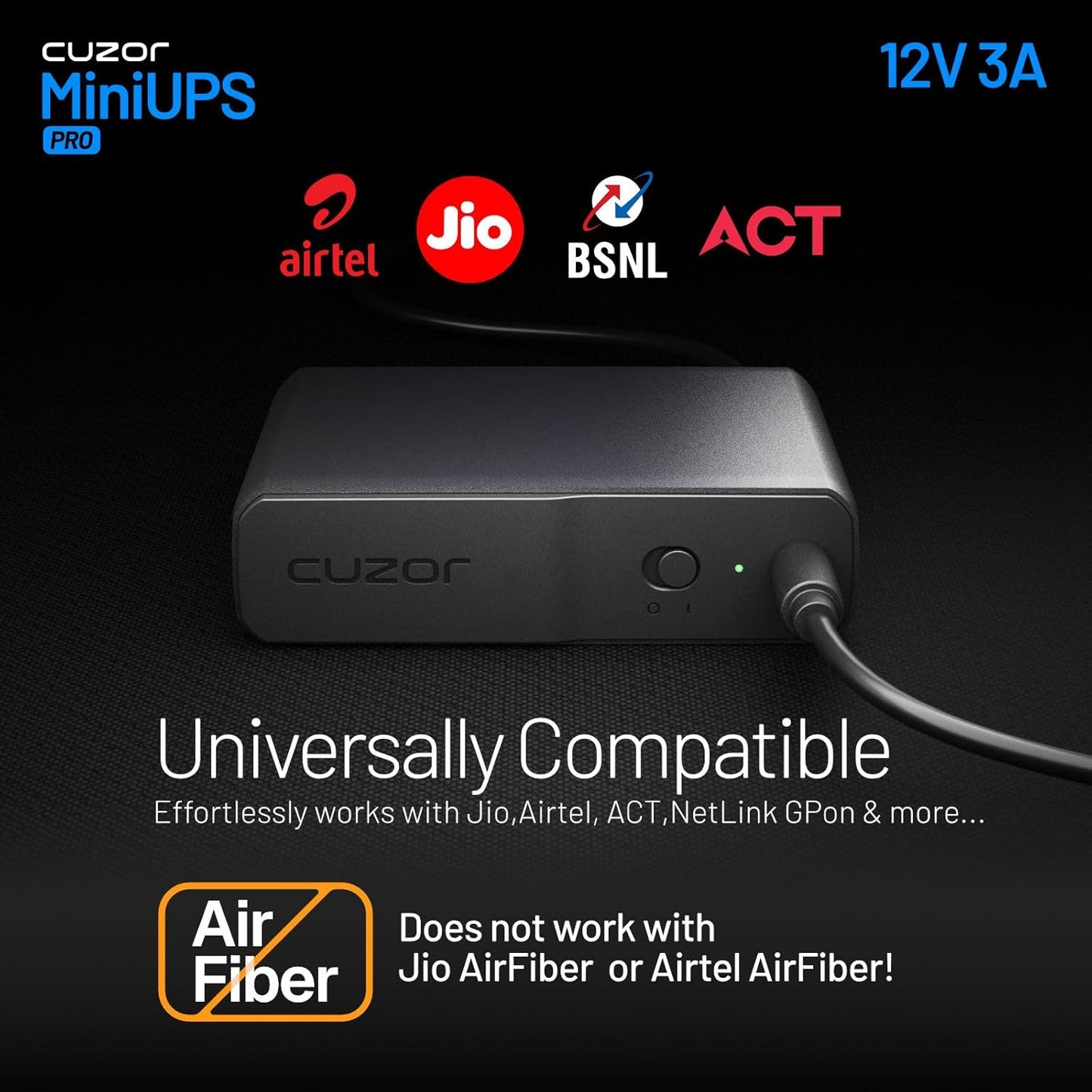 Cuzor Mini UPS PRO | Backup Upto 8 Hours | 3x2900 mAh Battery | Supports Jio, Airtel & All Other 12V Routers Upto 3Amps | UPS for 12V WiFi Router | Power Backup for routers | WiFi UPS