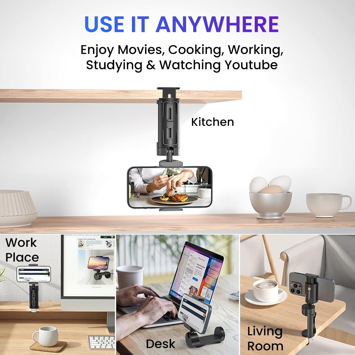 Portronics Mobot Clip Mobile Holder with 360° Adjustable Angles, Light Weight, Pocket Friendly, Mobile Stand for Table/Video Recording/Vlogging, Compatible with 4 to 6.4 inch Smartphones (Black)