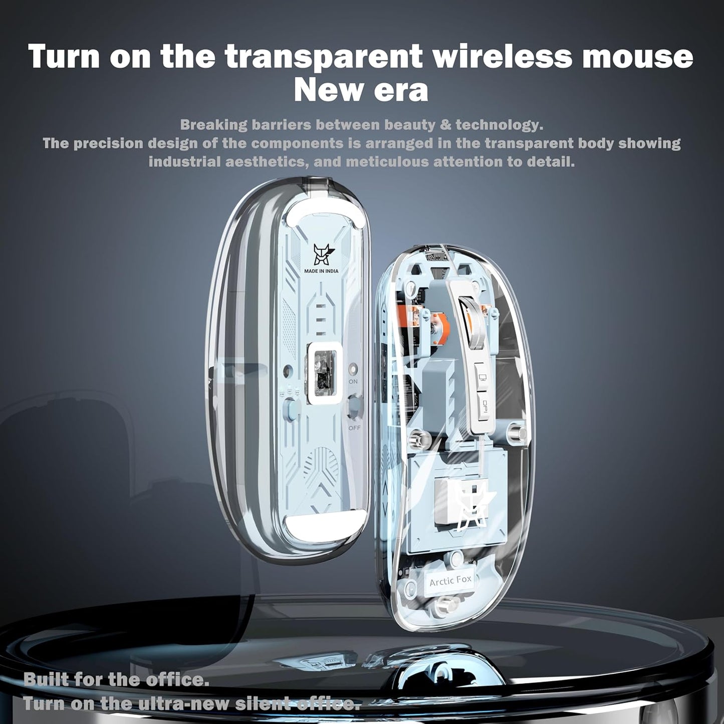 Arctic Fox Pureview Transparent Wireless and Bluetooth Rechargeable Mouse, USB Receiver,LED Battery Magic Silm for Office