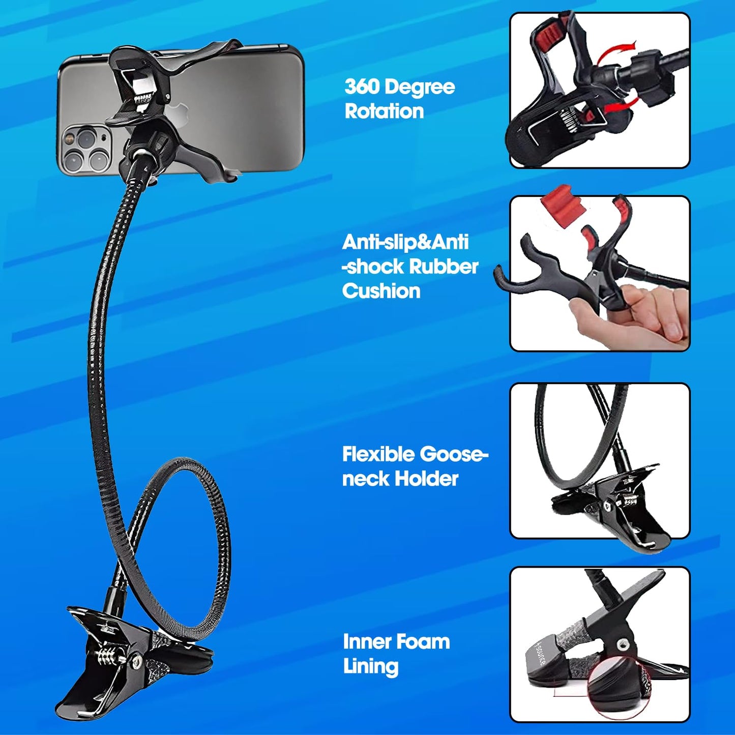 Sounce Mobile Stand Holder Metal Built - Cell Phone Stand Perfect for Video Table Online Class Home Bed Flexible Charging Hand Bike Movie Office Gift Desktop Heavy Duty Lazy Mount Multi Angle Clamp