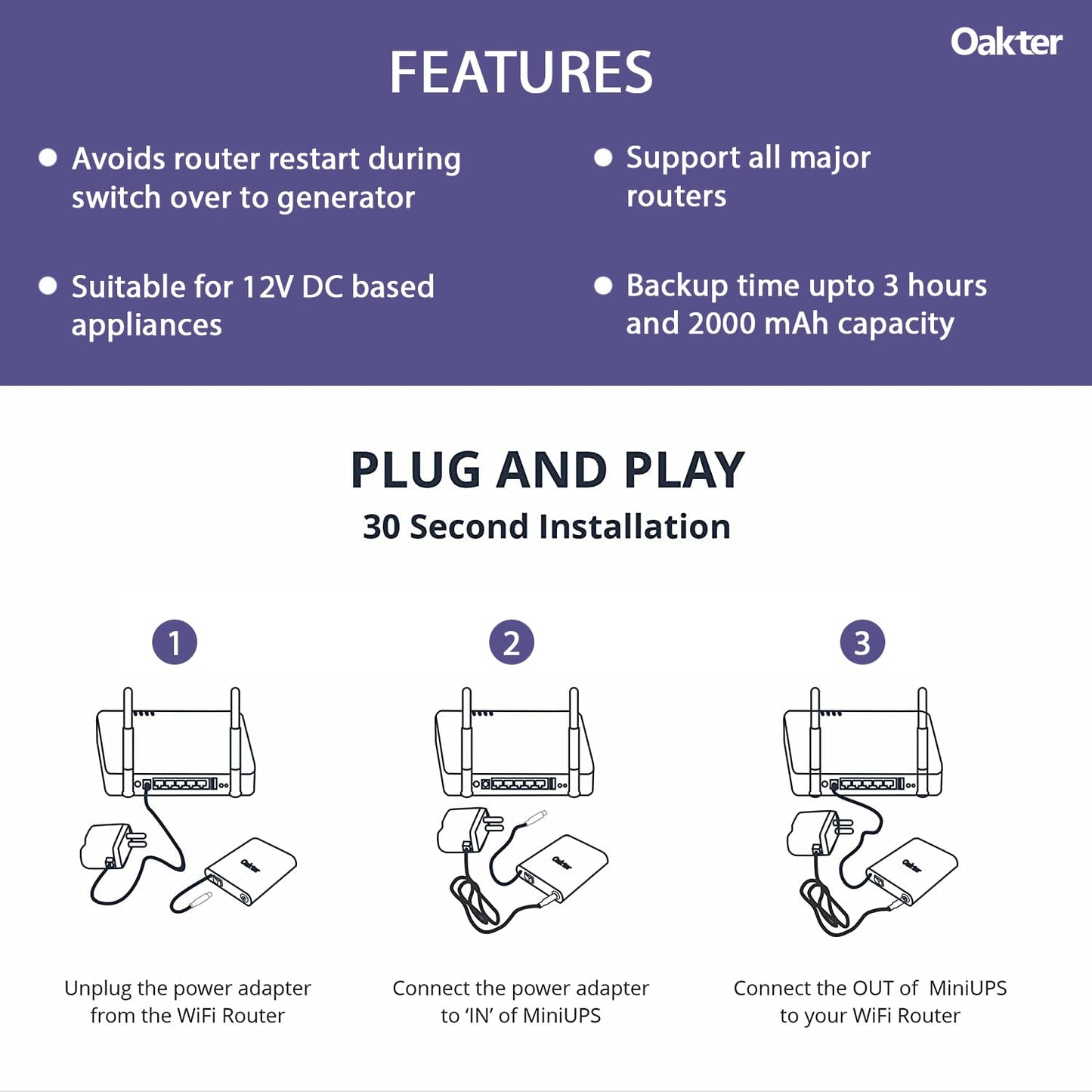 Oakter Mini UPS Basic for WiFi Router Broadband Modem | Supports 12V-2A Routers. Backup Upto 3 Hours | WiFi Router UPS Power Backup During Power Cuts