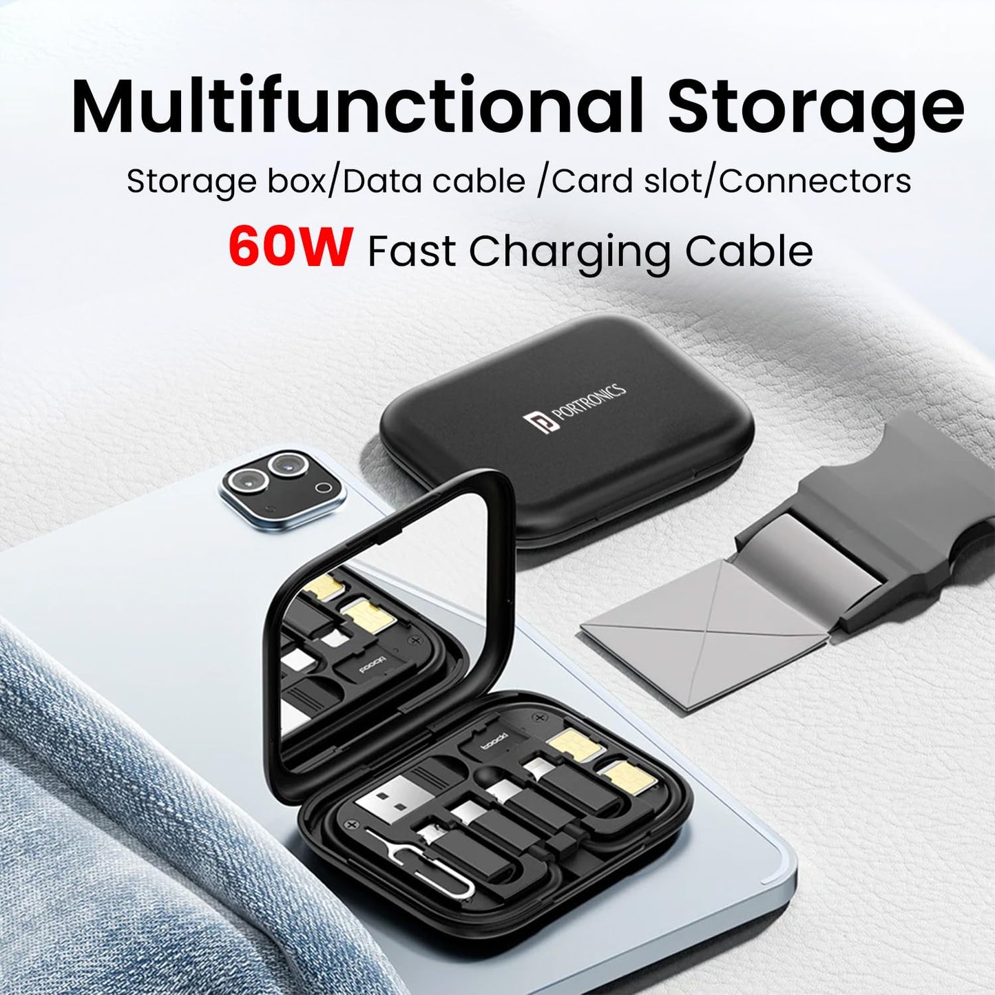 Portronics Snapcase 60W Multifunctional Fast Charging Data Cable Kit, Conversion Set USB A & Type C to Male Micro