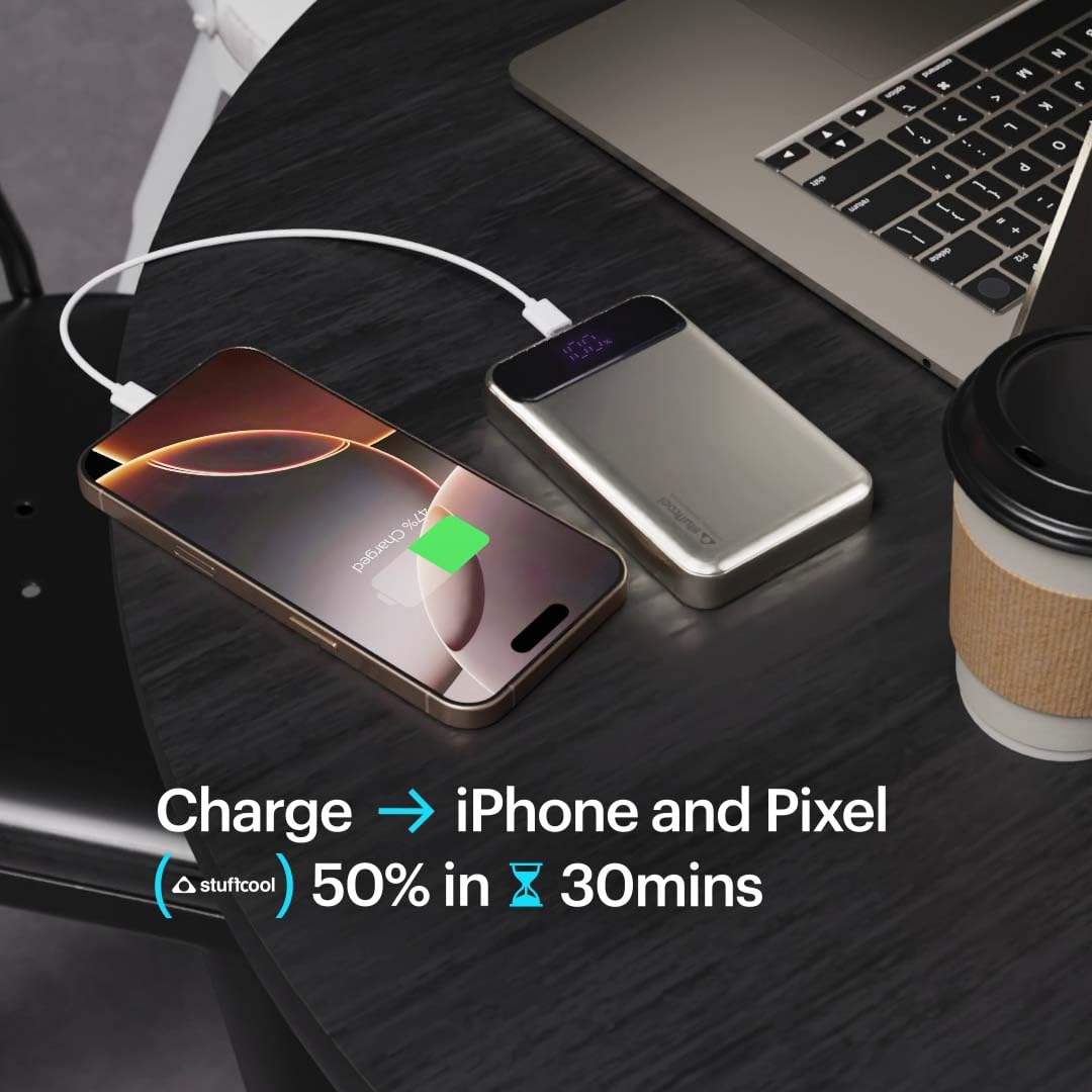 Stuffcool Click 10000mAh Slim Magnetic Wireless Powerbank Natural Titanium Finish Perfect for iPhone 16,15,14,13,12 with Led Display and 20W Fast Wired Charging