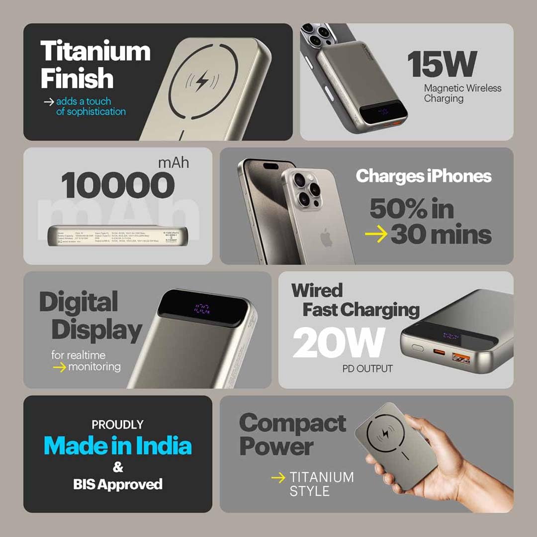Stuffcool Click 10000mAh Slim Magnetic Wireless Powerbank Natural Titanium Finish Perfect for iPhone 16,15,14,13,12 with Led Display and 20W Fast Wired Charging