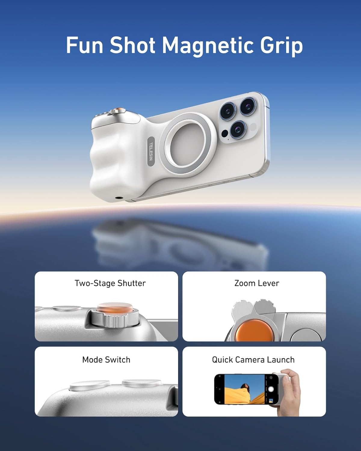 TELESIN Fun Shot Magnetic Phone Camera DSLR Style Shutter Grip for iPhone & Android with Detachable Wireless Shutter Button