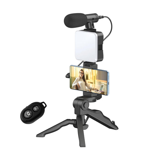 Tygot Vlogging Kit 6 in 1 for iPhone, Android (with Tripod), Mini LED + Cardioid Microphone + Phone Clip + Tripod for Live Broadcasting,