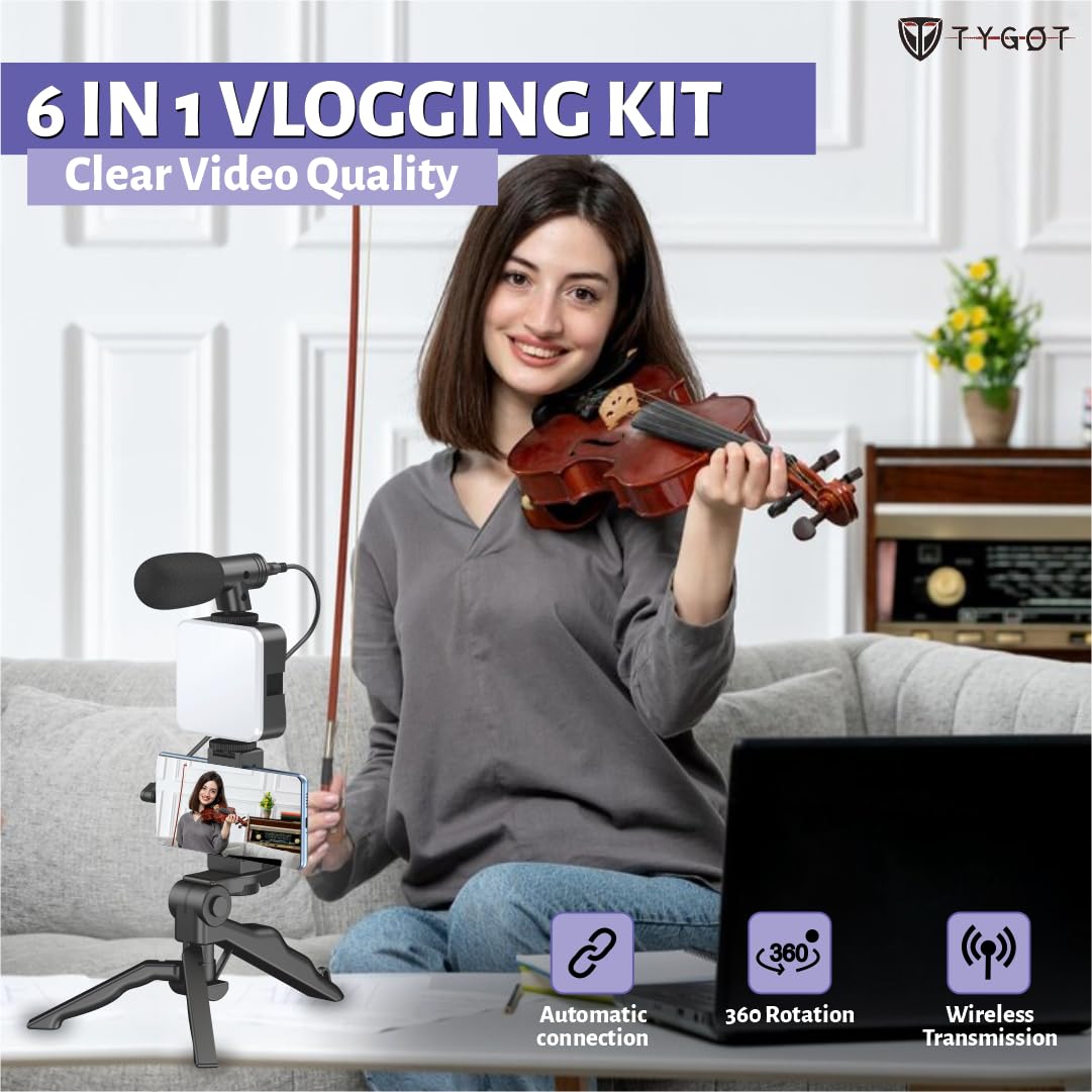 Tygot Vlogging Kit 6 in 1 for iPhone, Android (with Tripod), Mini LED + Cardioid Microphone + Phone Clip + Tripod for Live Broadcasting,