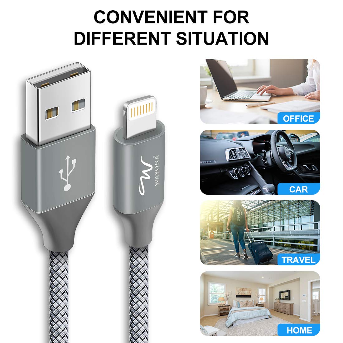 Wayona Nylon Braided USB to Lightning Fast Charging and Data Sync Cable Compatible for iPhone 14,13,12,11,X, 8, 7, 6, 5, iPad Air, Pro, Mini (3 FT Pack of 1, Grey)