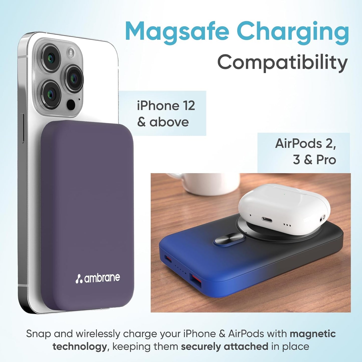 Ambrane MagSafe Wireless 10000mAh Fast Charging Power Bank, Strong Magnet, 22.5W Output for iPhone 12 & Above, Android & Other Qi Enabled Devices + Magnetic Ring