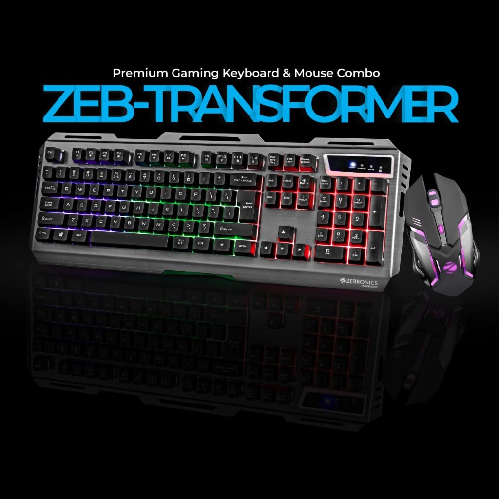Zebronics Transformer Gaming Keyboard and Mouse Combo,Braided Cable,Durable Al body,Multimedia keys and Gaming Mouse with 6 Buttons, Multi-Color LED Lights