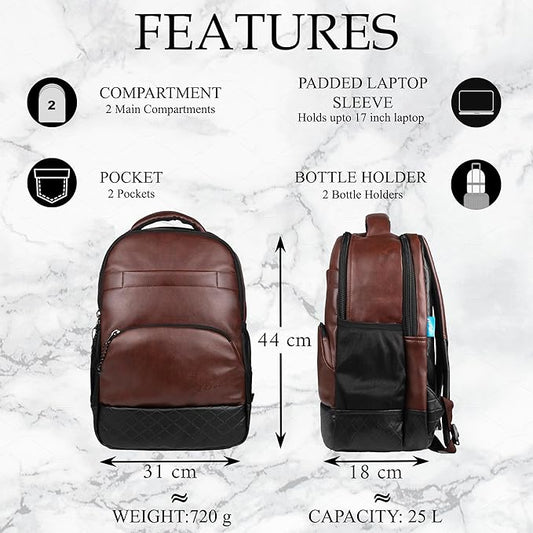 F Gear Luxur 25L Medium Laptop backpack Fits upto 17" Laptop Faux Leather Water resistant lightweight, Gifts for Men Women Boys Girls Adults, College/School/Office/Travel Bag