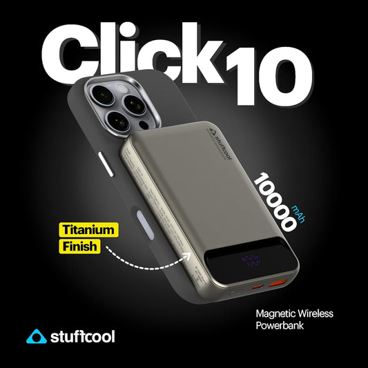 Stuffcool Click 10000mAh Slim Magnetic Wireless Powerbank Natural Titanium Finish Perfect for iPhone 16,15,14,13,12 with Led Display and 20W Fast Wired Charging